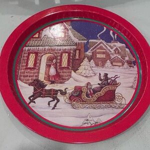 Holiday Sleigh Round Serving Tray - Red